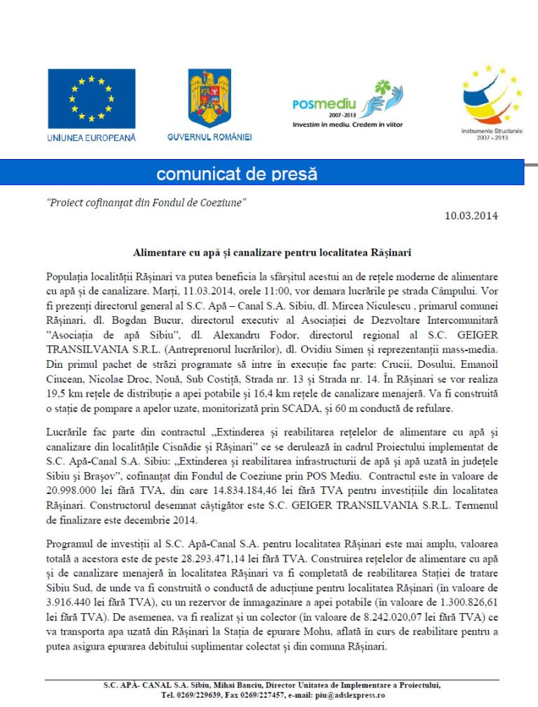 Alimentare cu apă și canalizare pentru localitatea Rășinari