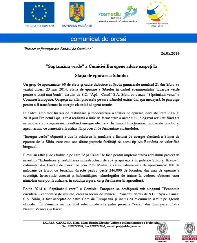 Comunicat de presă – „Săptămâna verde” a Comisiei Europene aduce oaspeți la Stația de epurare a Sibiului