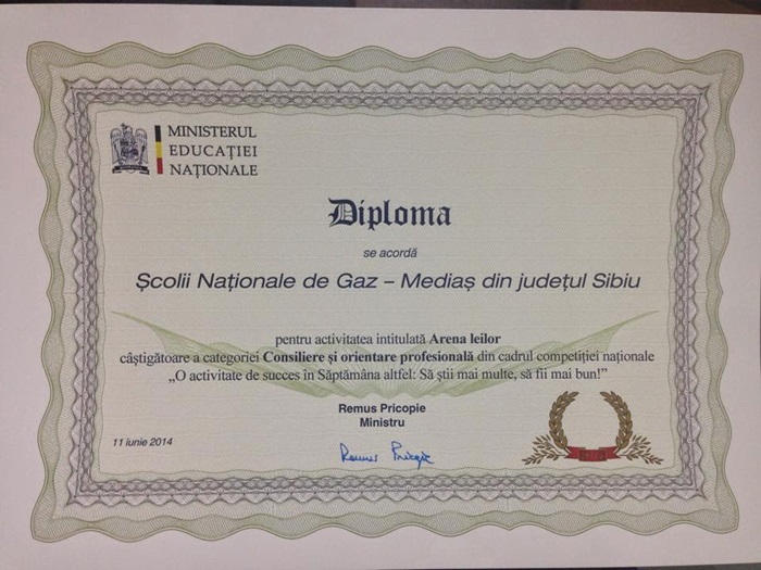 Școala Națională de Gaz Mediaș, premiată de Ministerul Educației