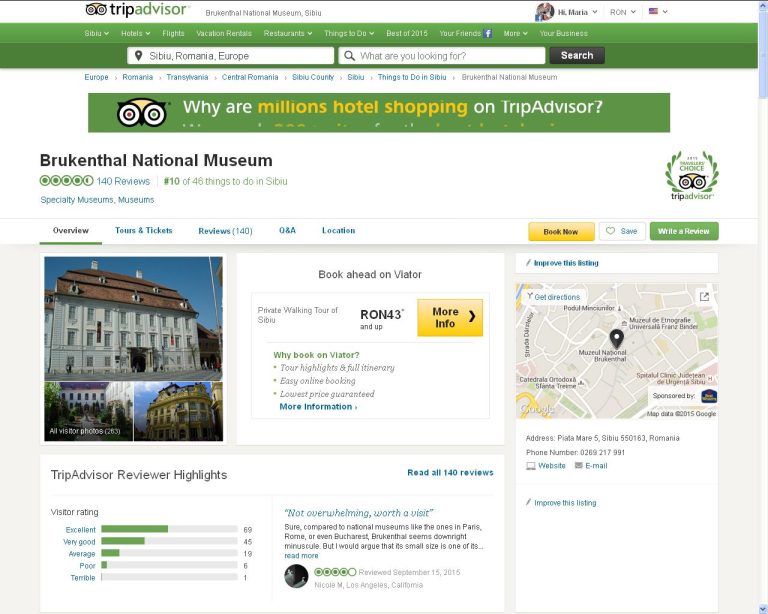 Muzeul Național Brukenthal primește distincția „Travelers’ Choice 2015”