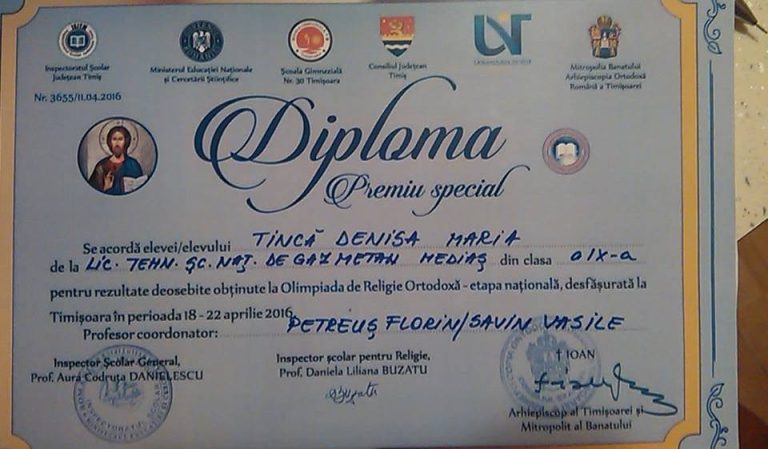 Premiu Special pentru Mediaș și județul Sibiu la Olimpiada Națională de Religie
