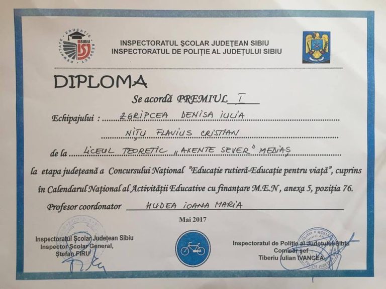 Liceul „Axente Sever” și Școala 5 Mediaș, la faza națională a concursului “Educație Rutieră-Educație pentru Viață”