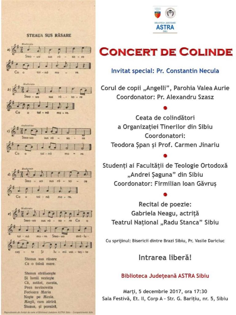 Preotul Constatin Necula, invitatul special al unui concert de colinde la Biblioteca Astra