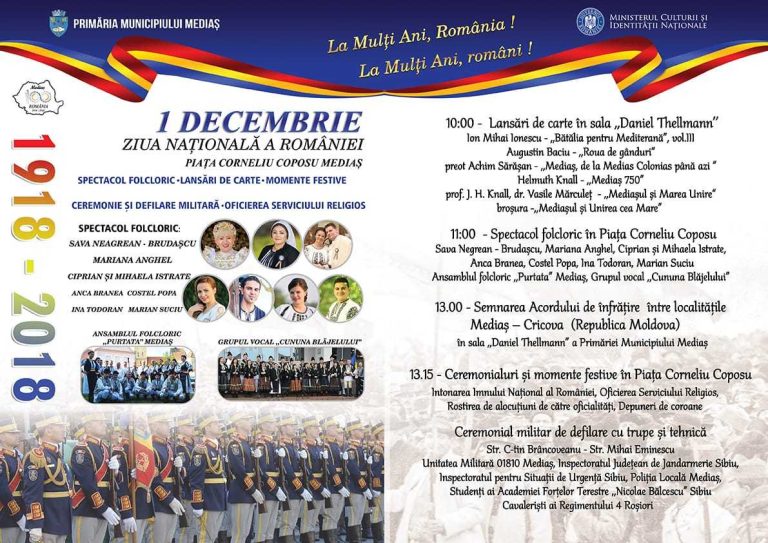 1 Decembrie cu lansări de carte, paradă militară și concerte folclorice, la Mediaș