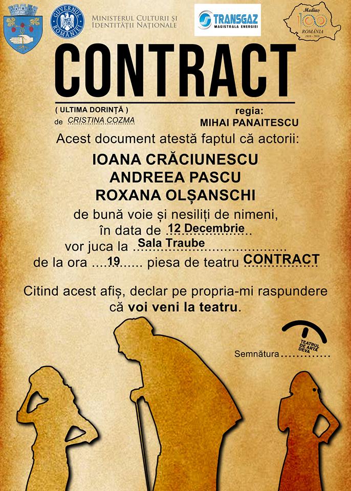 Teatru la Mediaș: Piesa “Contract” (Ultima Dorinţă) va fi prezentată la Sala Traube