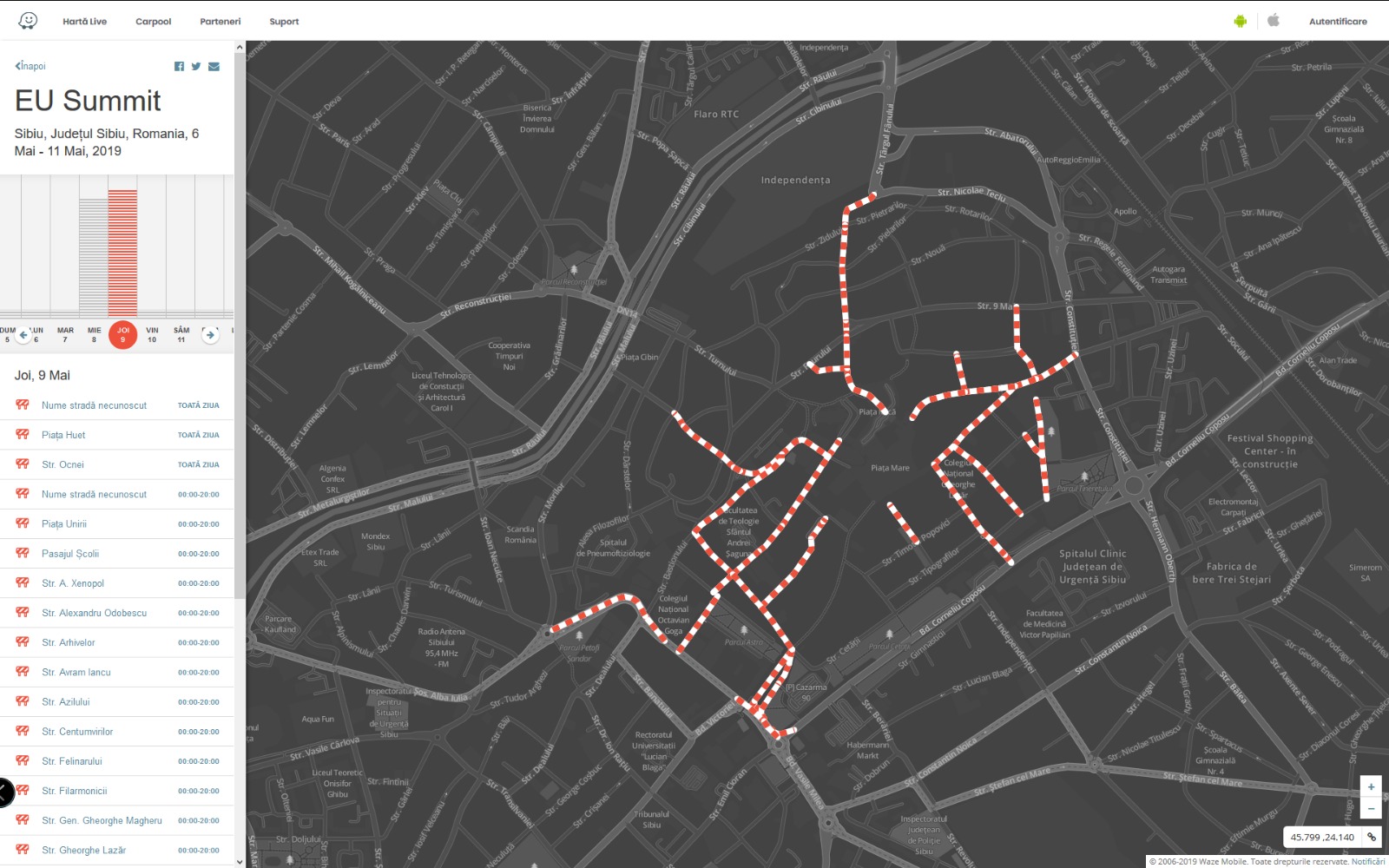 SUMMIT UE: Aplicația WAZE a creat evenimentul Summit-UE cu toate restricțiile din centrul Sibiului