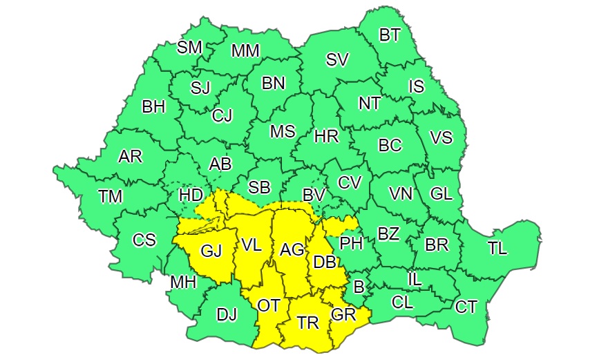 COD GALBEN de ploi în sudul județului. Avertizare de instabilitate atmosferică în următoarele 3 zile