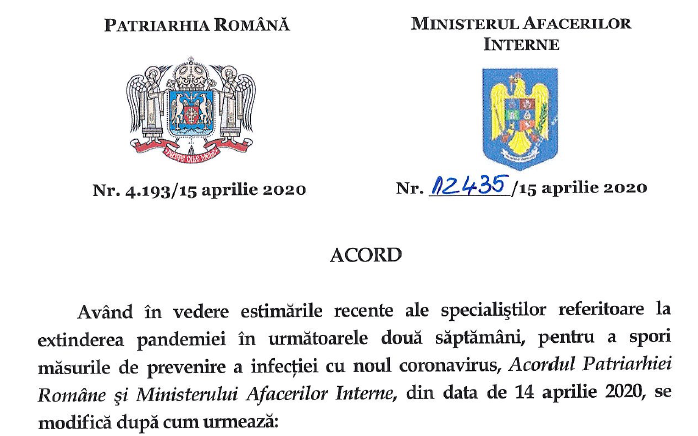 DOCUMENT Acordul M.A.I. – Biserica Ortodoxă se modifică: credincioșii nu mai merg la biserică, poliția nu mai distribuie Lumina