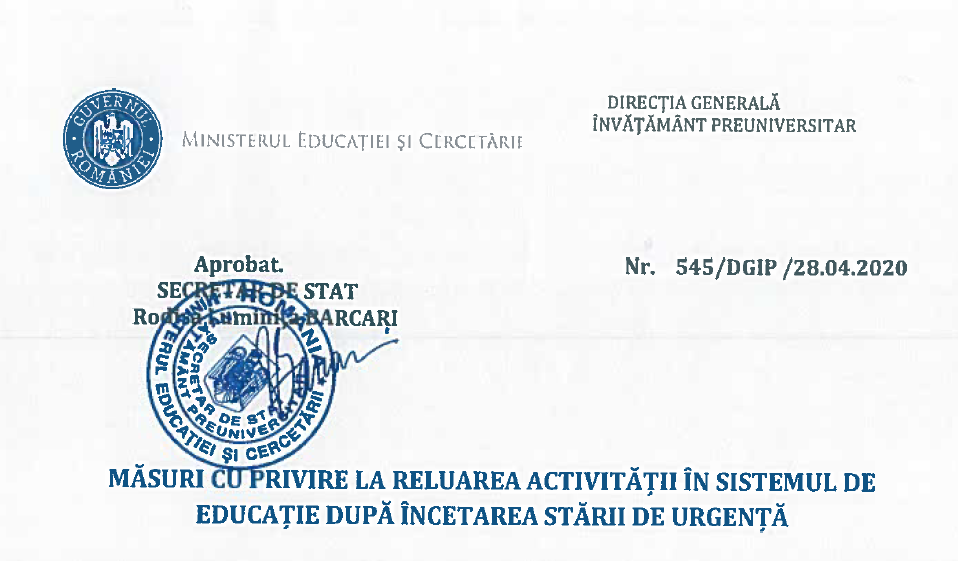 DOCUMENT Măsuri pentru reluarea școlilor după 15 mai. Cursuri pentru clasele terminale, școală online pentru ceilați, ajutor pentru cei fără tehnologie