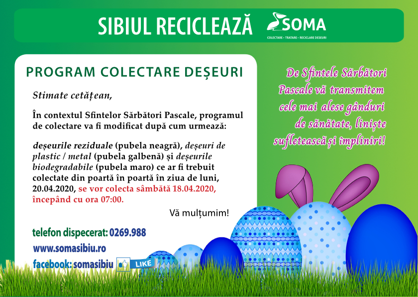 Soma anunță programul de colectare în perioada Sărbătorilor Pascale