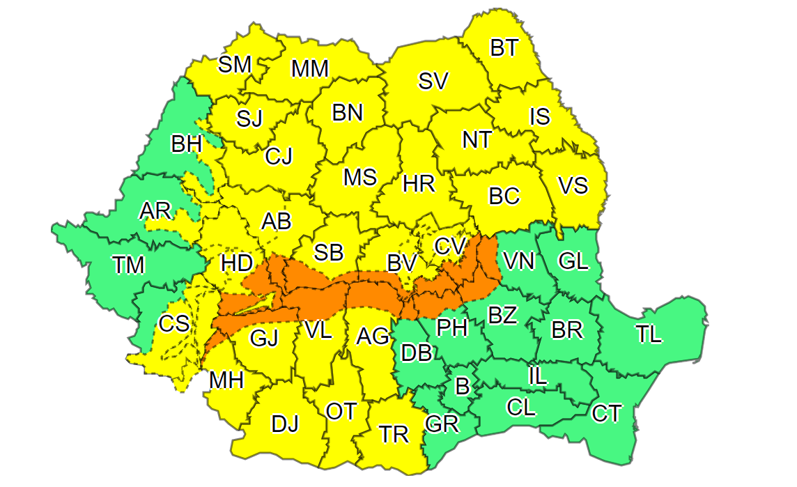 Avertizare meteo de cod portocaliu în Transilvania, inclusiv în Sibiu, pentru această noapte și mâine
