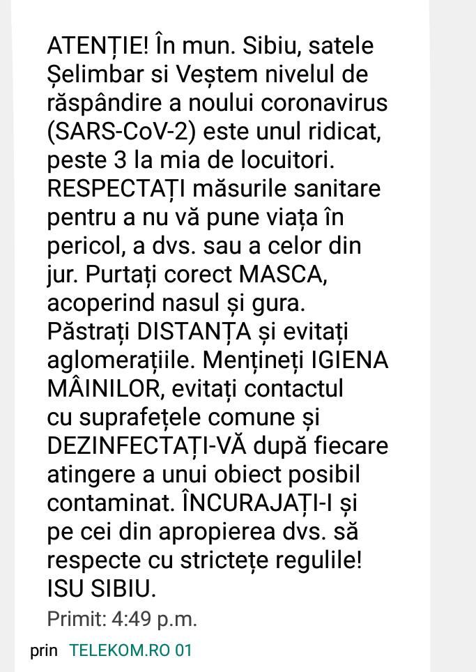 Mesaje RO-ALERT în Sibiu, Șelimbăr, Veștem și Arpașu de Jos, în contextul COVID-19