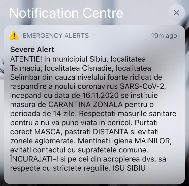 Mesaje RO-ALERT pentru sibieni. Municipiul și încă trei localități intră în carantină