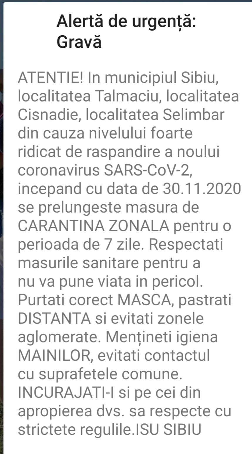 Mesaj RO-ALERT privind prelungirea carantinei în Sibiu, Tălmaciu, Cisnădie și Șelimbăr