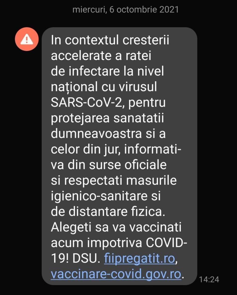 Mesaj RO-Alert la nivel naţional: Alegeţi să vă vaccinaţi împotriva COVID-19. Informaţi-vă din surse oficiale
