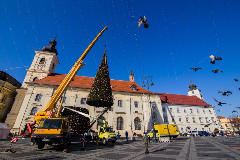 Bradul de 11 tone din Piața Mare a fost instalat pentru sezonul de iarnă 2021 – 2022