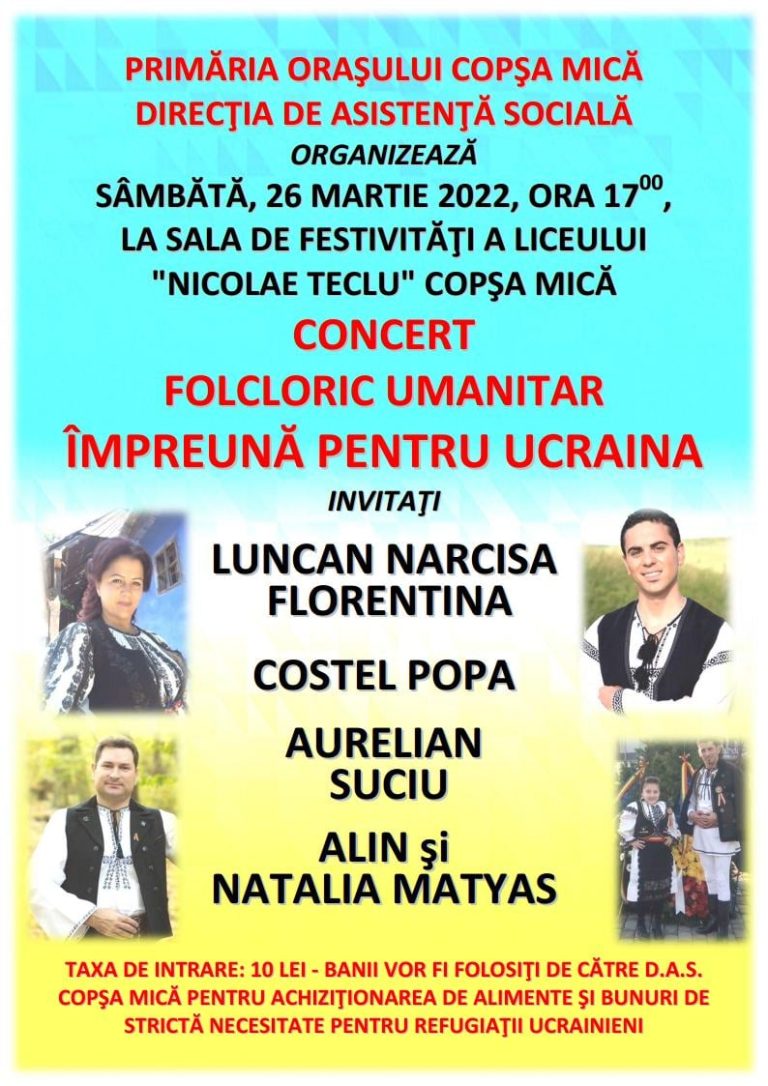 Concert folcloric umanitar pentru refugiaţii din Ucraina, la Copşa Mică