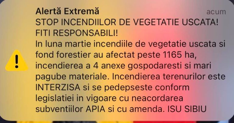 Mesaj RO-ALERT din cauza numărului uriaş de incendii de vegetaţie în judeţul Sibiu