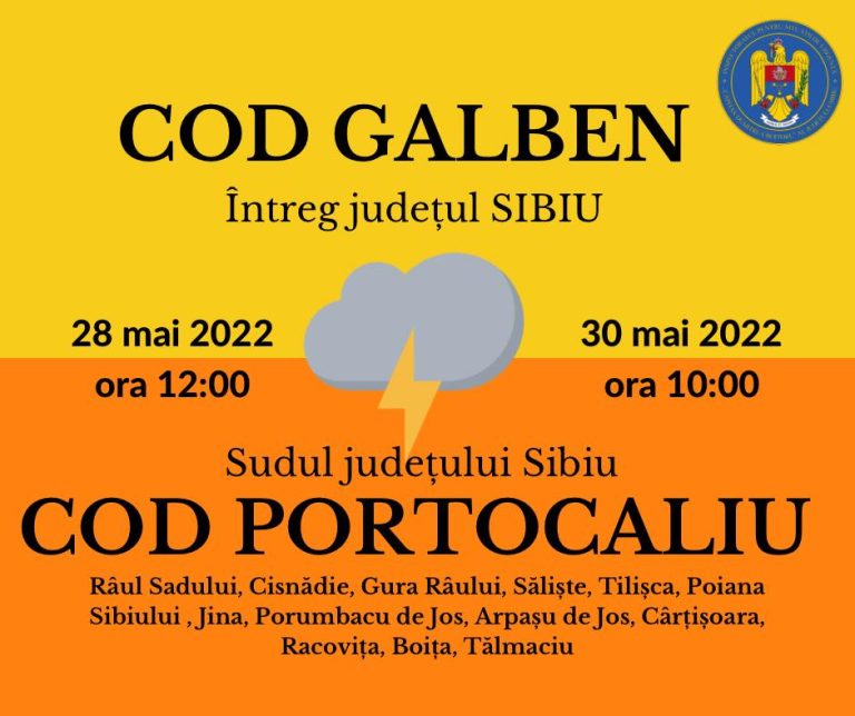 Cod Galben şi Portocaliu de ploi torenţiale şi vijelii în judeţul Sibiu