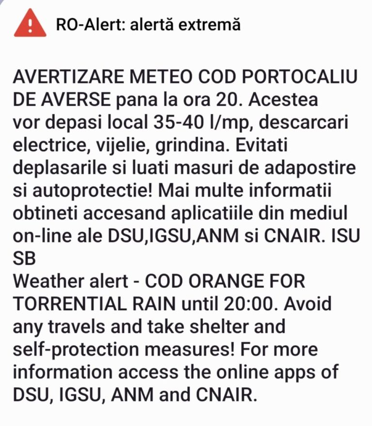 Cod Portocaliu de vijelii, averse și grindină în 11 localități din județul Sibiu
