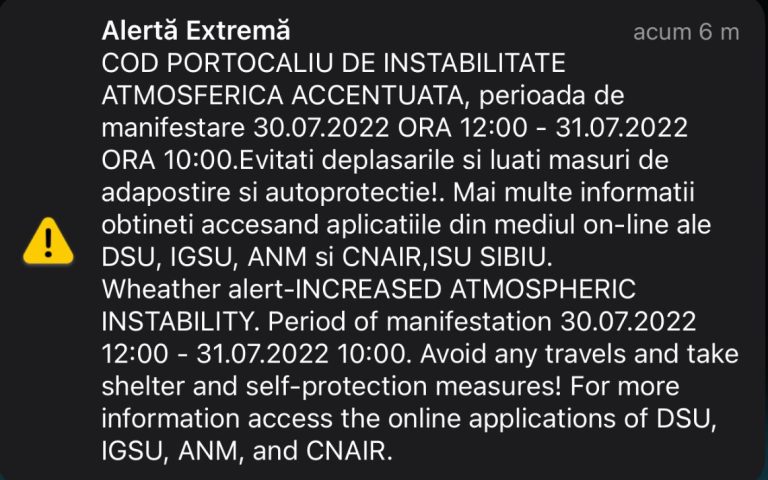 Cod Portocaliu de instabilitate atmosferică accentuată în județul Sibiu