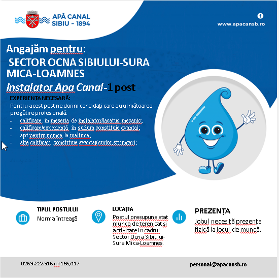 Anunț angajare Apă Canal Sibiu