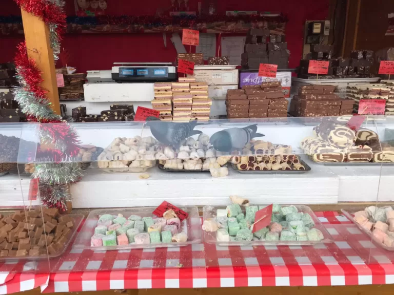 Porumbeii se autoservesc de pe tarabele cu dulciuri din Târgul de Crăciun