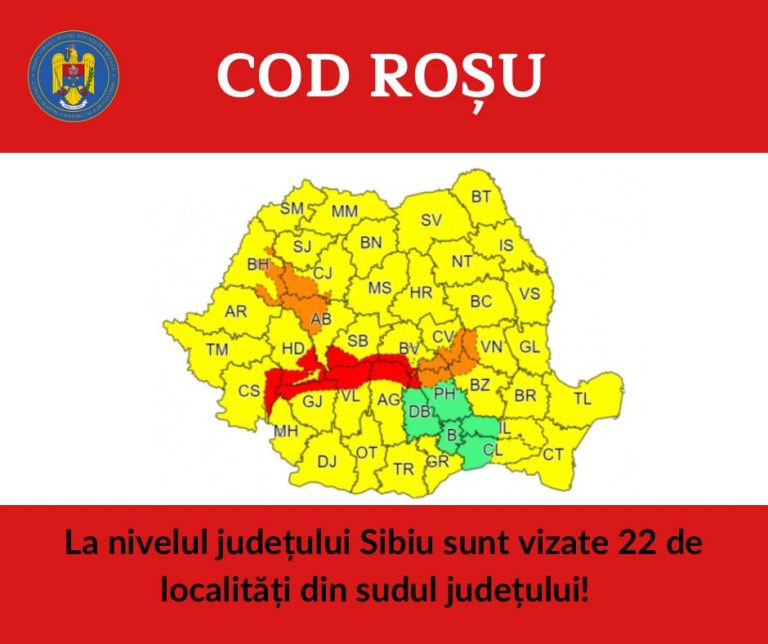 Alertă de Cod Roșu de vânt pentru 22 de localități din județul Sibiu