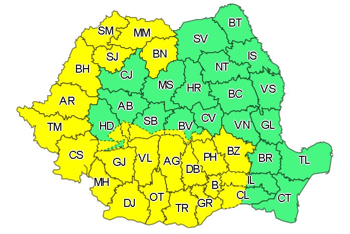 Cod galben de vreme instabilă în Sibiu și peste jumătate din țară, vineri