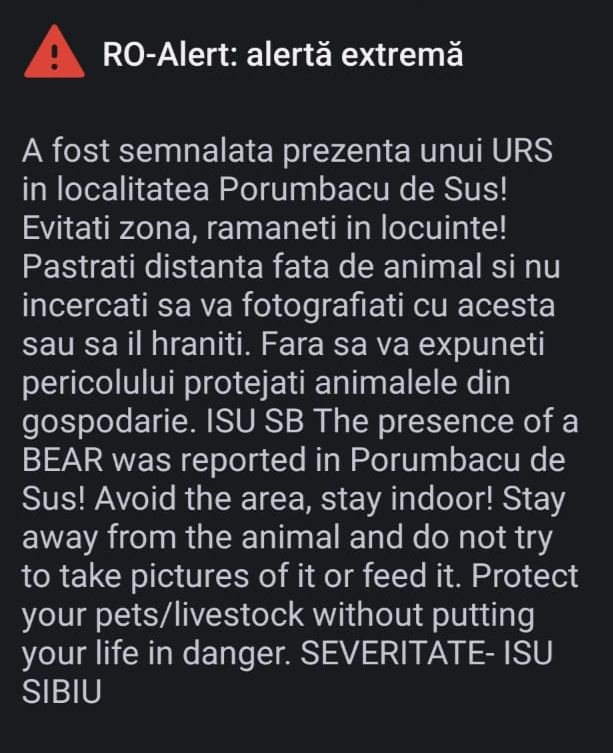 „Evitați zona, rămâneți în locuințe”. Mesaj RO-ALERT despre prezența unui urs în județul Sibiu
