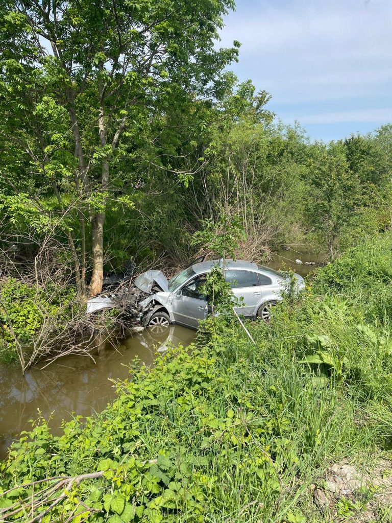 FOTO Doi răniți după ce o mașină a ieșit de pe șosea și s-a oprit într-o zonă de vegetație, pe DN 1