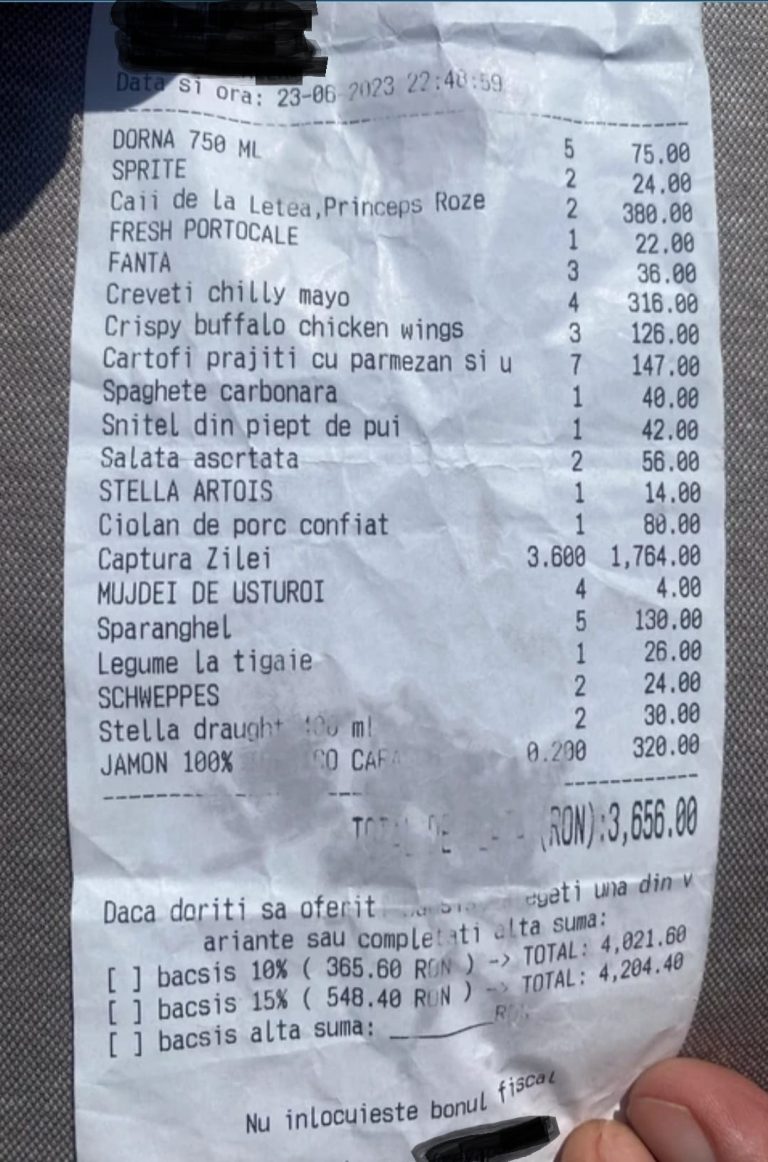 FOTO: Notă de plată de mii de lei la un restaurant de pe Litoral