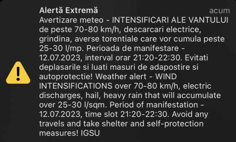 ULTIMA ORĂ: Mesaj RO-ALERT de vijelii, grindină și vânt puternic în județul Sibiu