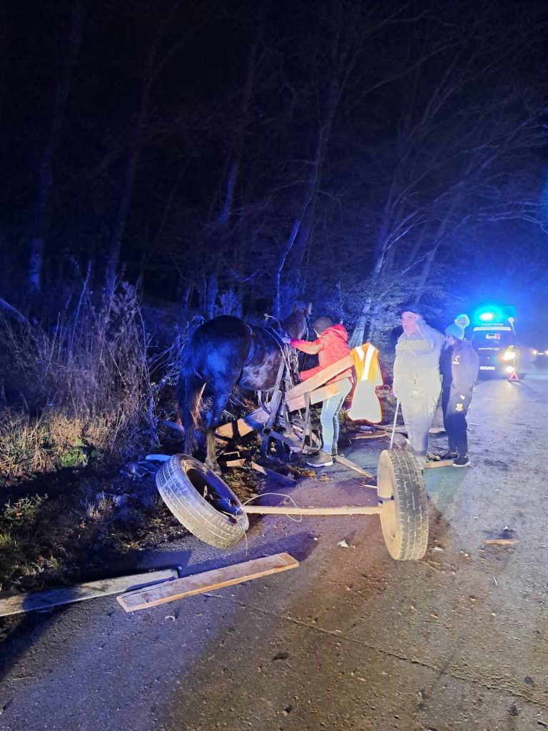 FOTO: Căruță nesemnalizată, lovită de un autoturism între Sibiu și Agnita