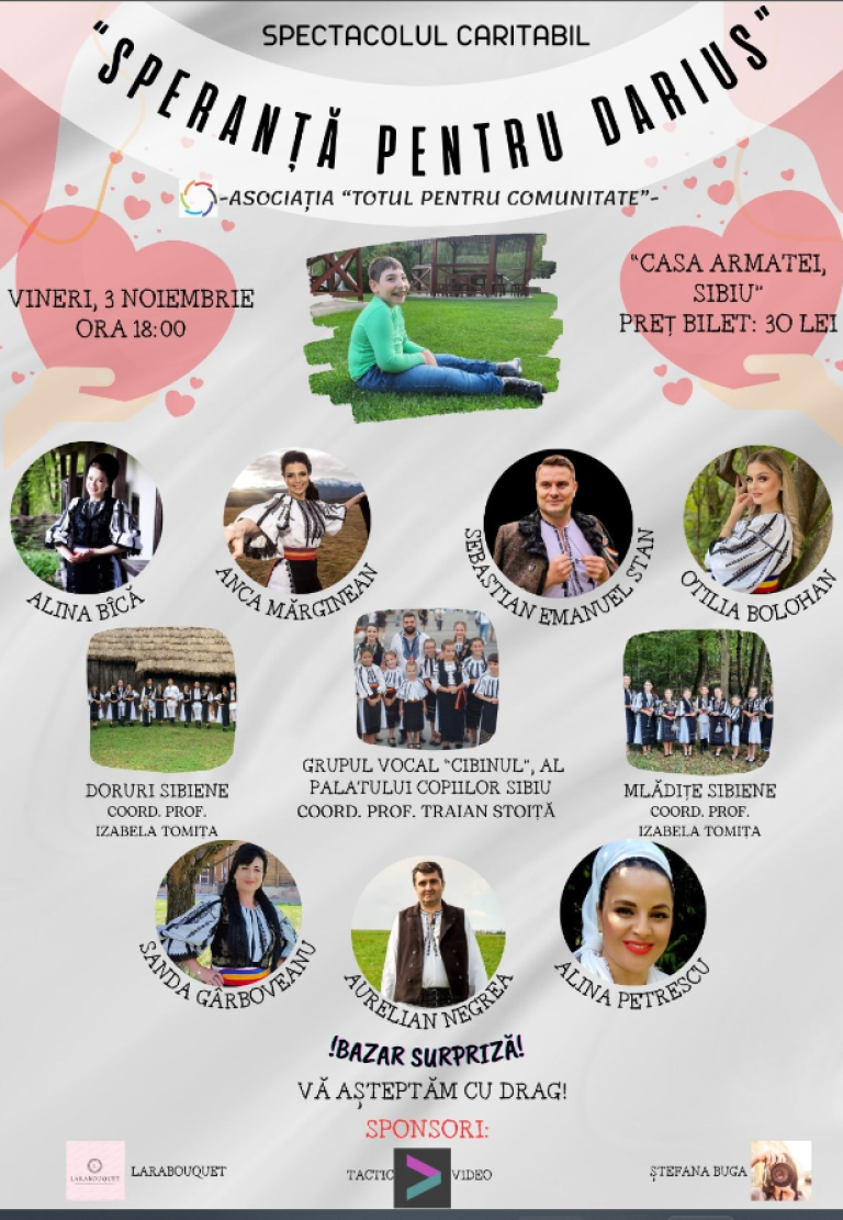 Mâine suntem invitați la spectacolul caritabil de muzică populară „Speranță pentru Darius”