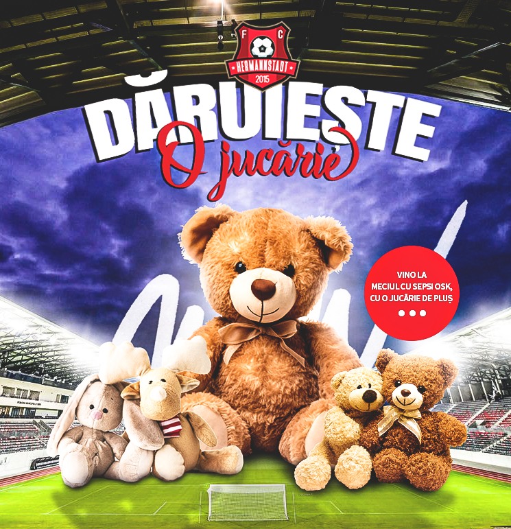 Acțiune minunată la pauza meciului FC Hermannstadt – Sepsi. Aruncă o jucărie de pluș pe teren