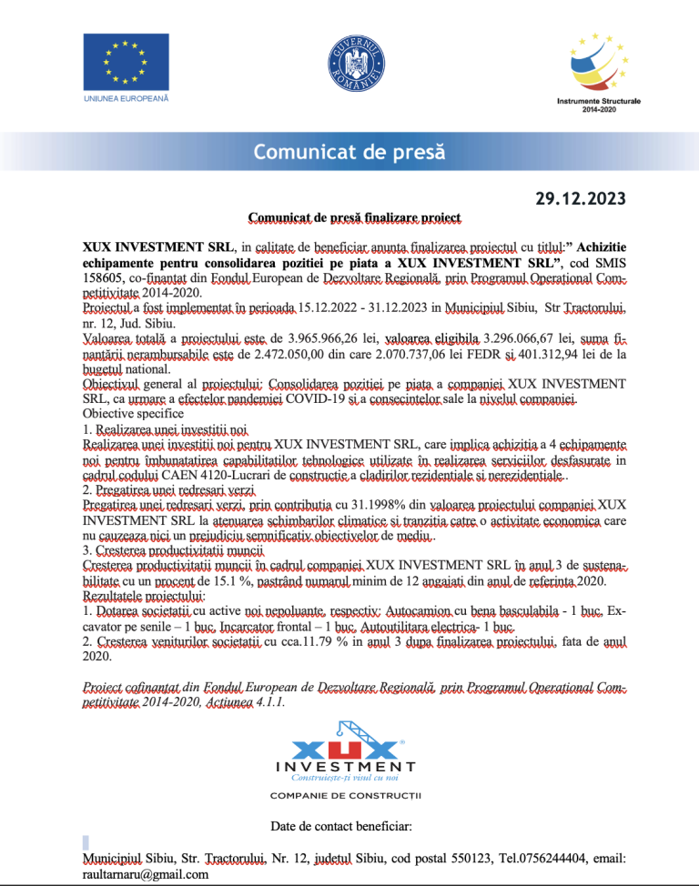 Comunicat de presă finalizare proiect
