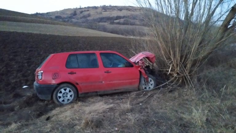 FOTO: Fără permis, cu mașina neînmatriculată și număr fals, s-a înfipt într-un copac și a fugit de la locul accidentului