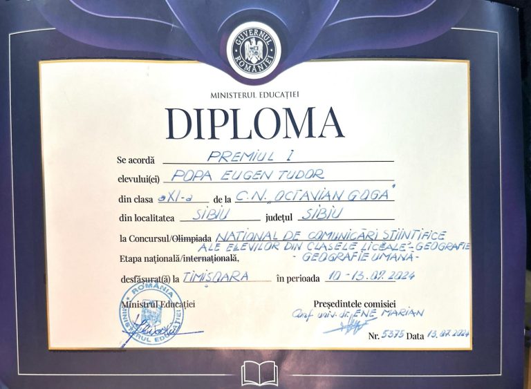 FOTO: Premiul I pentru un elev de la „Goga” la un concurs național. Rezultat foarte bun și pentru un elev de la SNG Mediaș