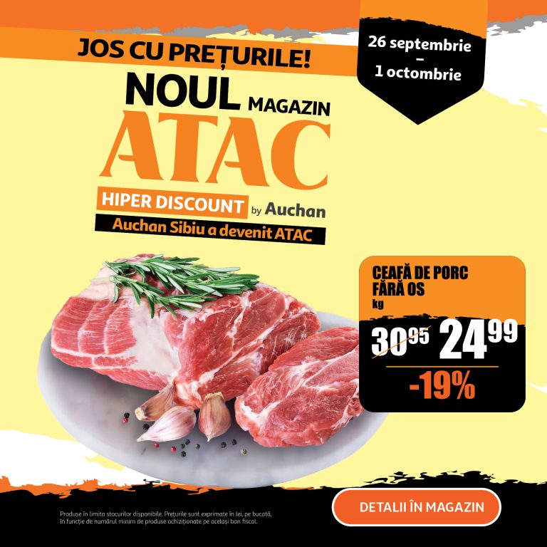 Joi, 26 septembrie, te așteptăm la marea deschidere ATAC Hiper Discount by Auchan, unde vei găsi permanent prețuri mici