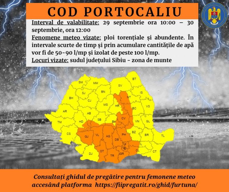 ALERTĂ ISU Sibiu: Ploi torențiale și cantități de apă de 50-90 și chiar 100 de litri/metru pătrat