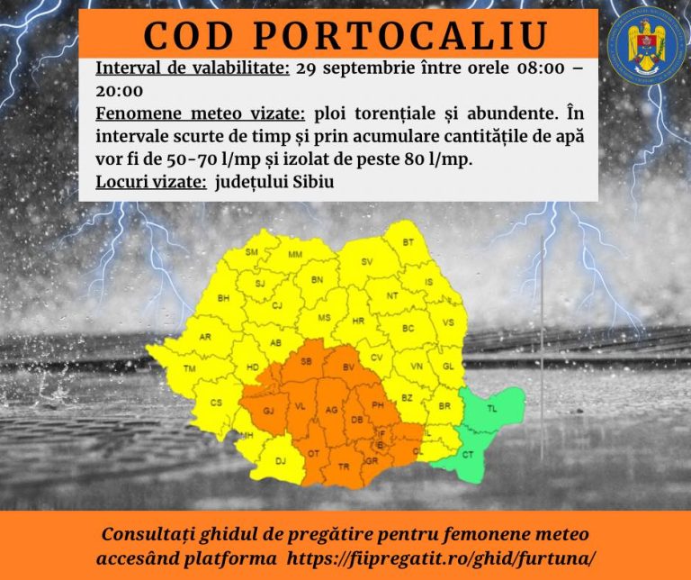 ALERTĂ ISU Sibiu: Ploi abundente în județul Sibiu. 50-70 l/mp și izolat de peste 80 l/mp.