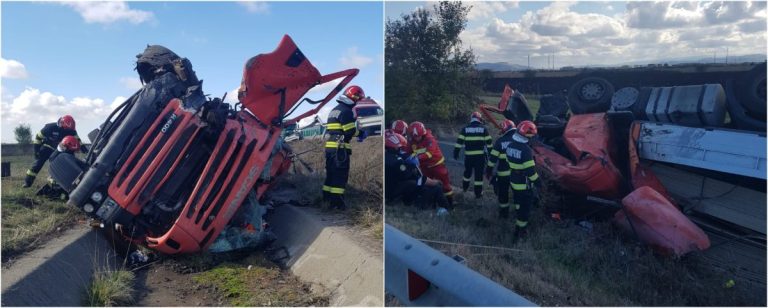 ULTIMA ORĂ/FOTO: Încă un autocamion răsturnat pe A1