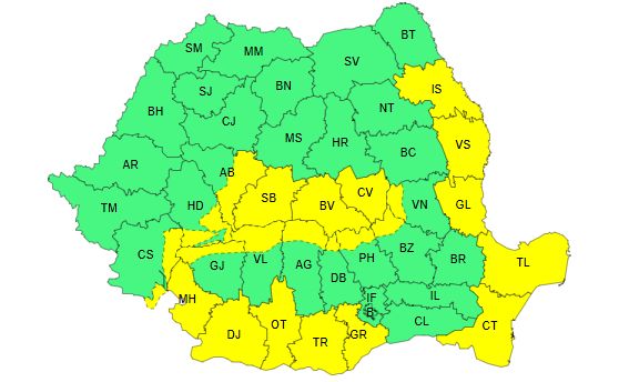 Cod Galben de vreme severă în Sibiu și 22 de județe din țară