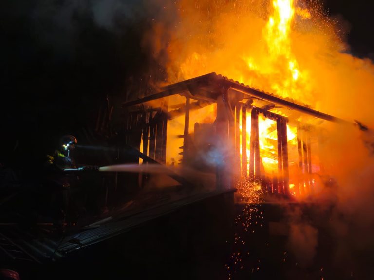 ULTIMA ORĂ/FOTO: Un incendiu violent a distrus o anexă și a afectat acoperișul unei case