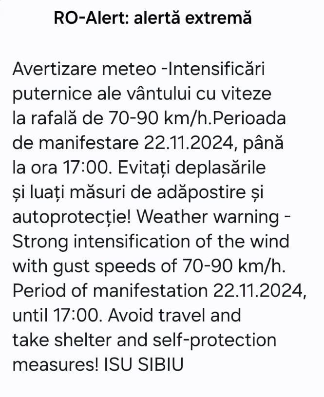 ULTIMA ORĂ: Mesaje RO-ALERT pentru 7 localități din județul Sibiu