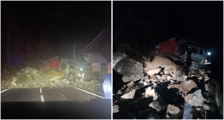 ULTIMA ORĂ/FOTO: Pericol extrem de Valea Oltului. Cad stânci de pe versanți, un TIR a fost lovit