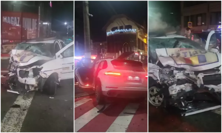 FOTO/VIDEO: Mașină de poliție spulberată de un Porsche. Șoferul a fugit, un polițist este în comă