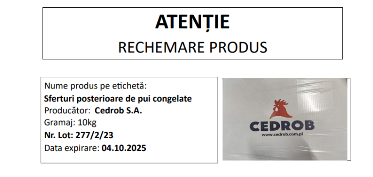 Atenție: Retragere de produs din cauza contaminării cu Salmonella Enteritidis