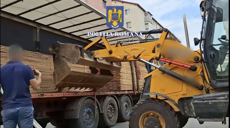 FOTO: Zeci de metri cubi de cherestea fără documente legale în Sibiu. Lemele și autoutilitara au fost confiscate